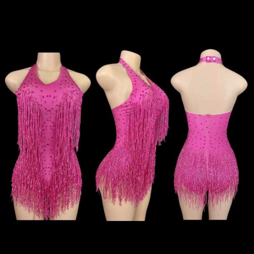 Singer purple blue red pink jazz dance bodysuits gogo dancers Rhinestones gold tassel stretch one-piece triangle high fork jumpsuits Latin stage costume for female